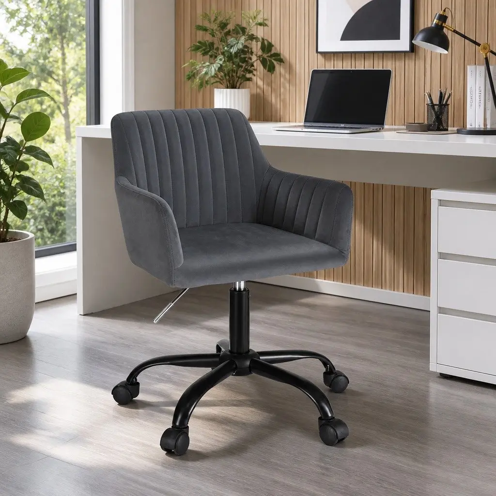 Office Chair Dark Grey Velvet Seat Mid Back Swivel Adjustable Height