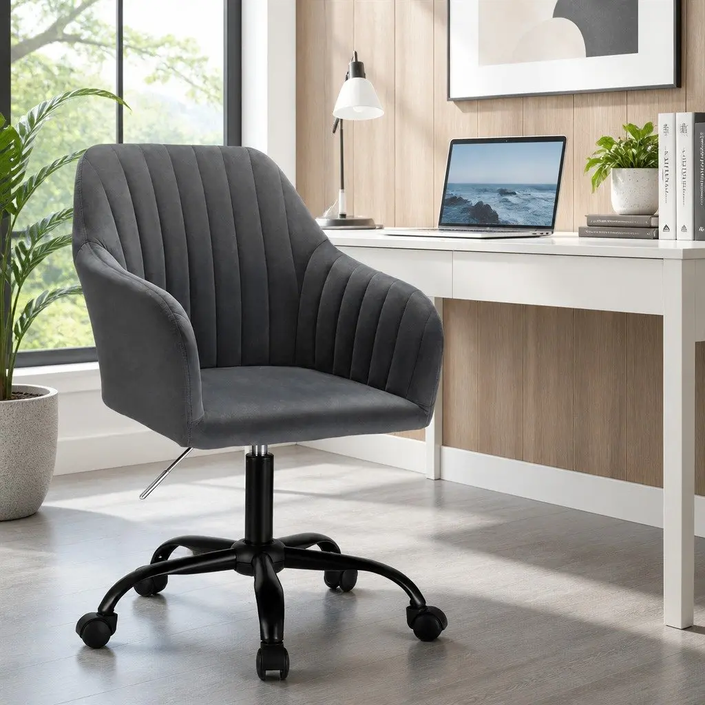 Office Chair Dark Grey Velvet Seat Mid Back Swivel Adjustable Height