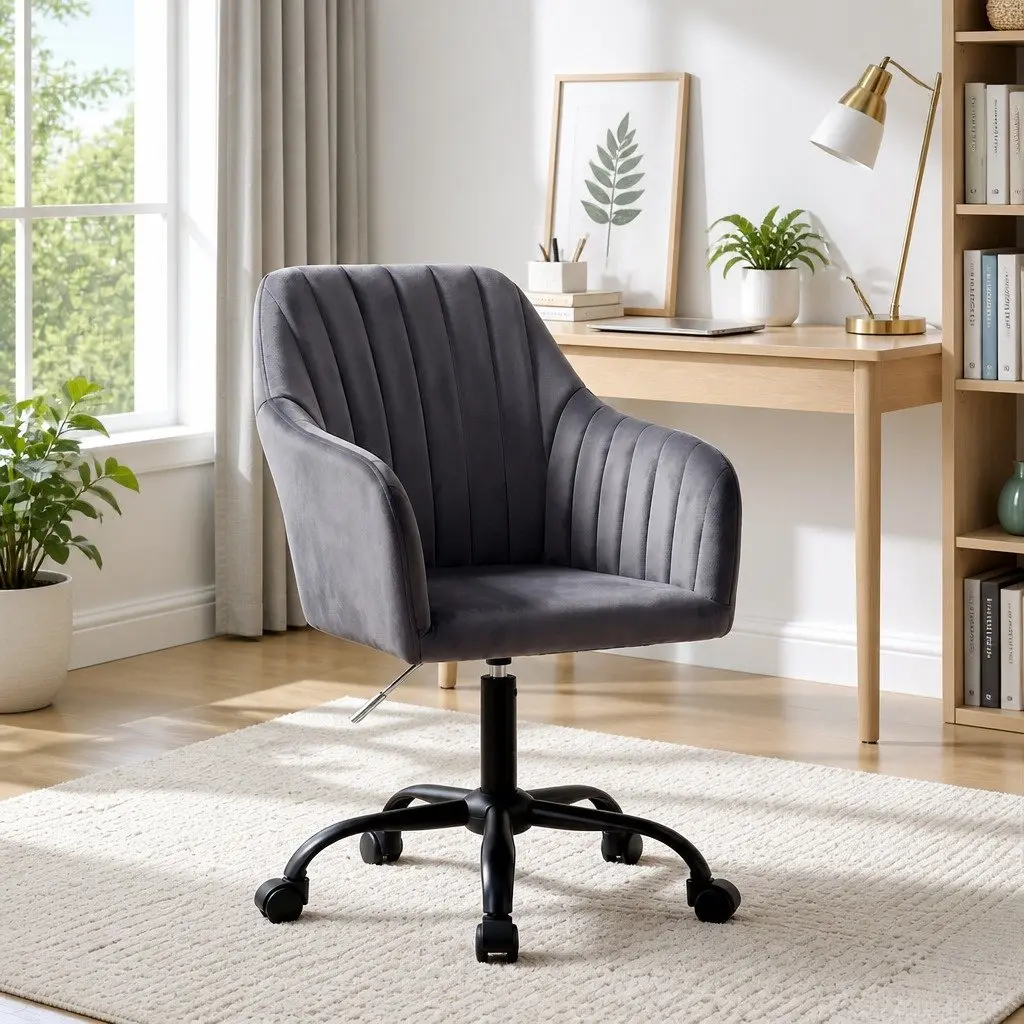 Office Chair Dark Grey Velvet Seat Mid Back Swivel Adjustable Height