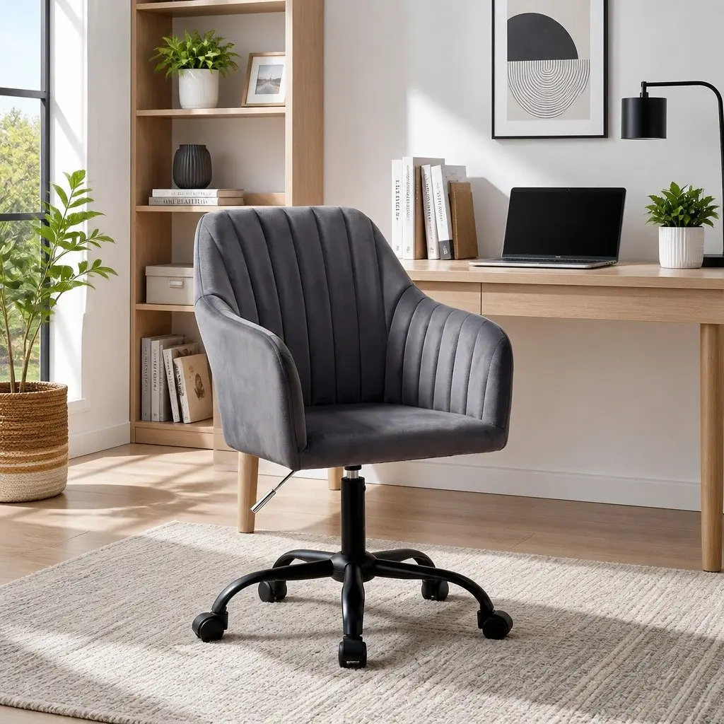 Office Chair Dark Grey Velvet Seat Mid Back Swivel Adjustable Height