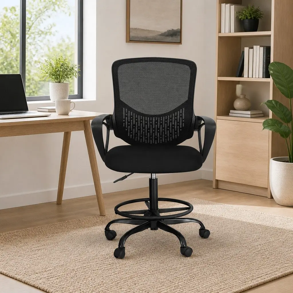 Adjustable Height Black Mesh Drafting Stool Office Chair with Contoured Backrest and Footrest Ring
