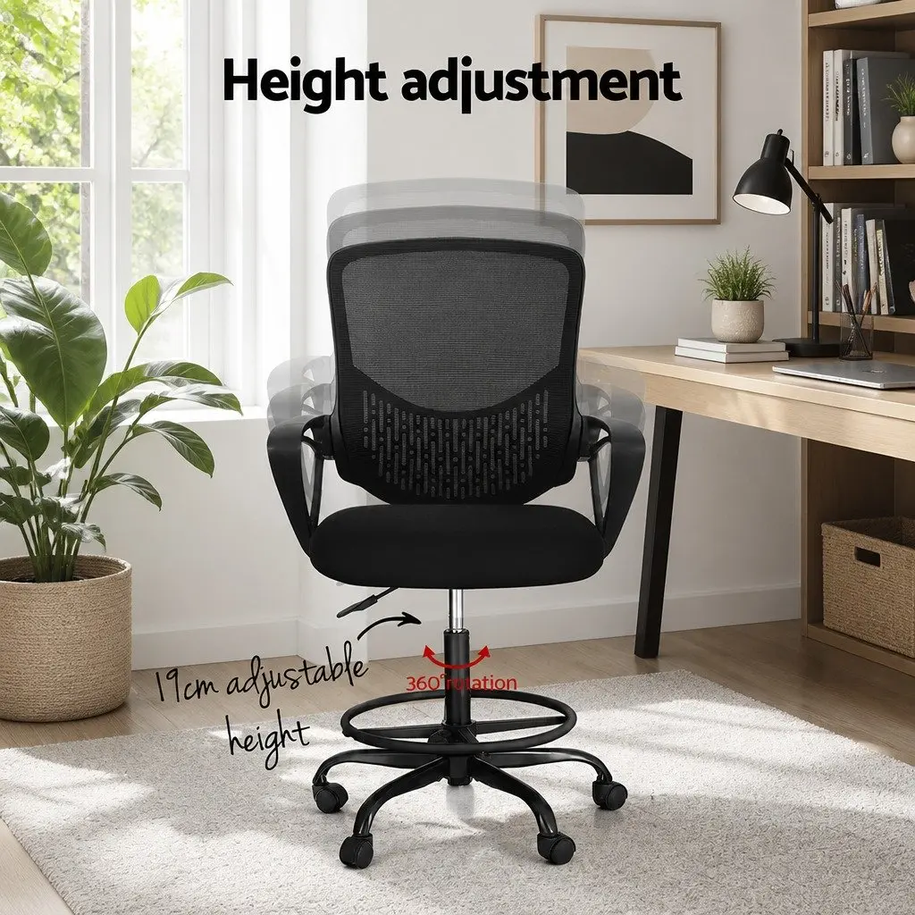 Adjustable Height Black Mesh Drafting Stool Office Chair with Contoured Backrest and Footrest Ring