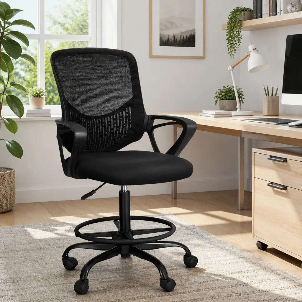 Adjustable Height Black Mesh Drafting Stool Office Chair with Contoured Backrest and Footrest Ring