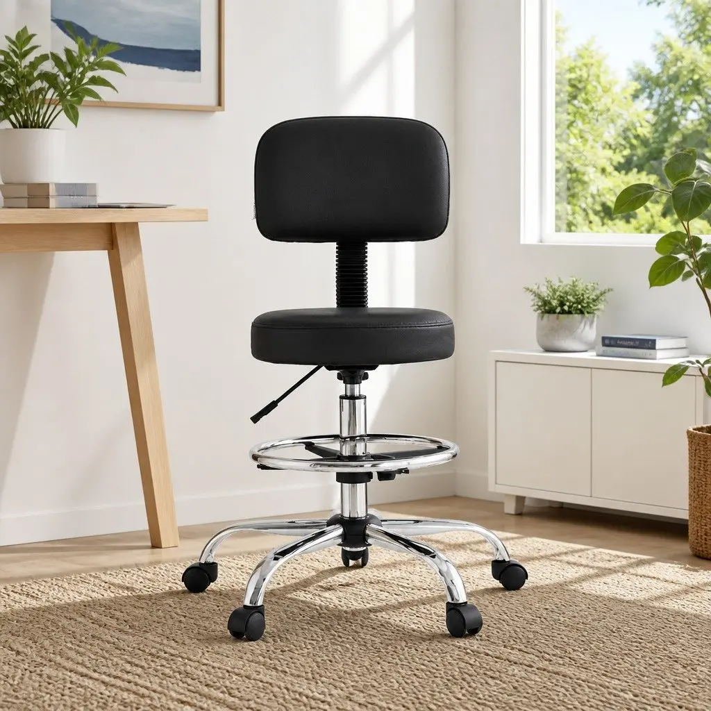 Office Drafting Chair Ergonomic PU Swivel Black 39 x 37.5 x 70-90cm