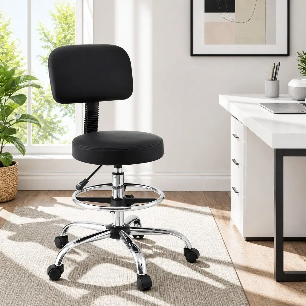 Office Drafting Chair Ergonomic PU Swivel Black 39 x 37.5 x 70-90cm