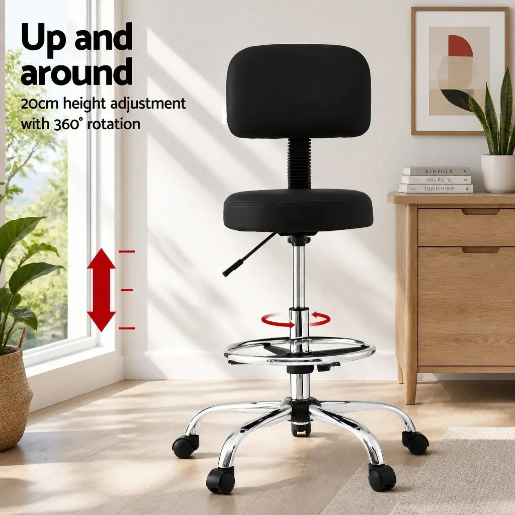 Office Drafting Chair Ergonomic PU Swivel Black 39 x 37.5 x 70-90cm
