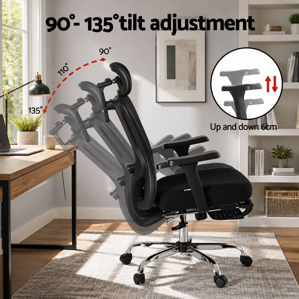 Ergonomic Mesh Office Chair Black High Back Adjustable Lumbar Support Retractable Footrest