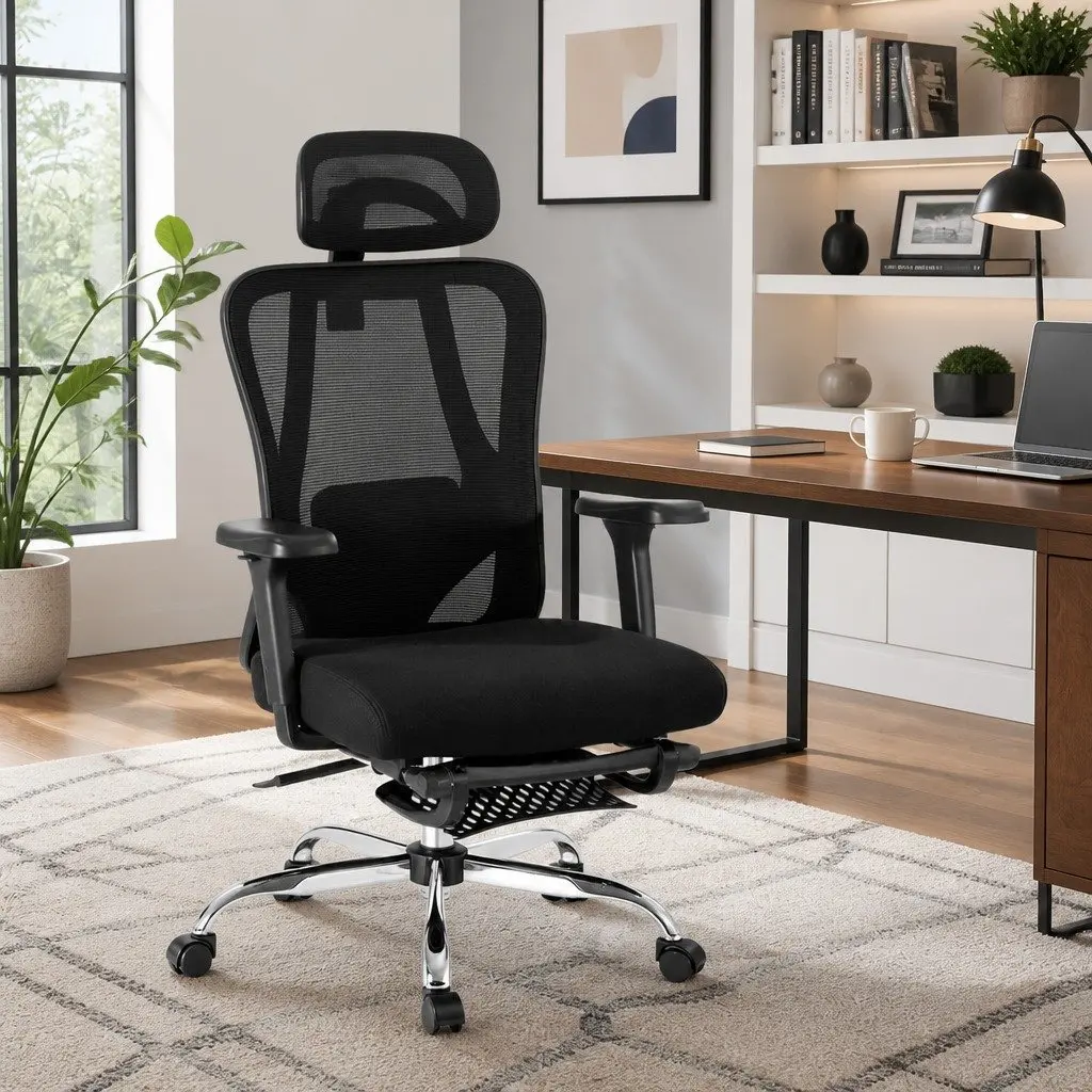 Ergonomic Mesh Office Chair Black High Back Adjustable Lumbar Support Retractable Footrest