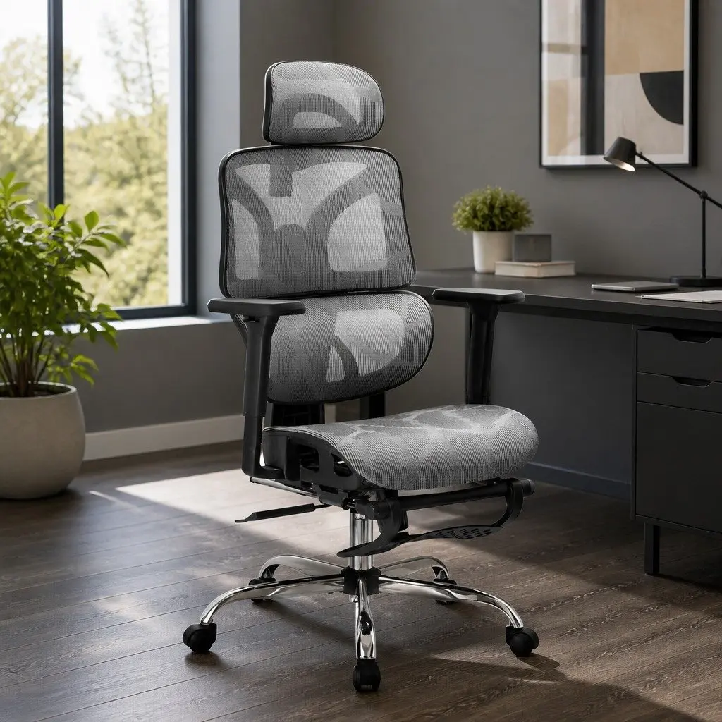 Ergonomic Office Chair High Back Mesh Adjustable Headrest Grey Swivel Footrest