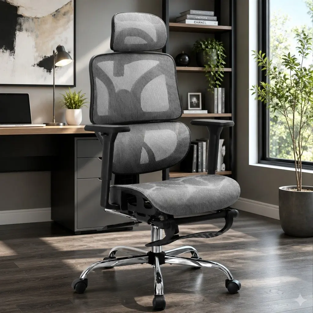 Ergonomic Office Chair High Back Mesh Adjustable Headrest Grey Swivel Footrest
