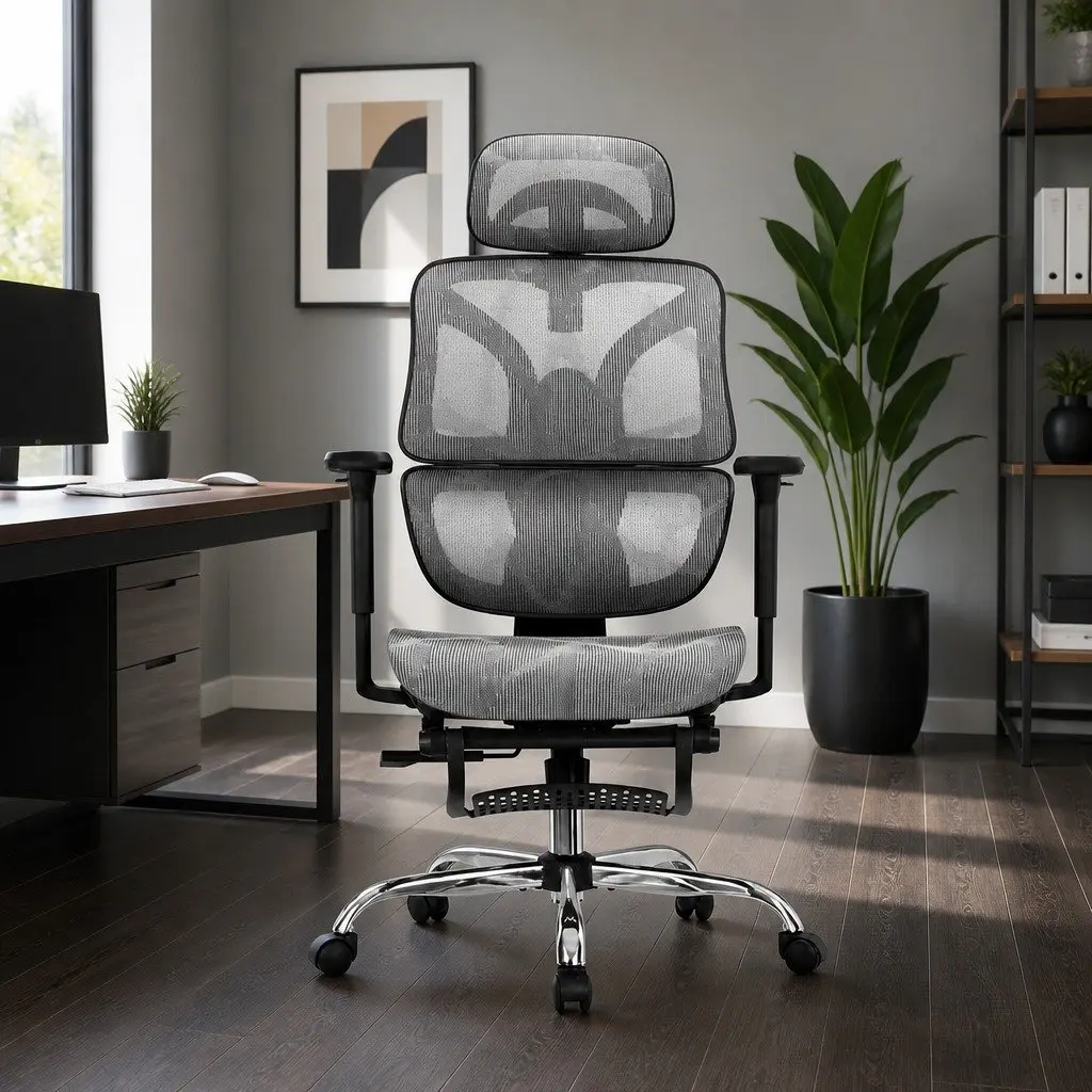 Ergonomic Office Chair High Back Mesh Adjustable Headrest Grey Swivel Footrest