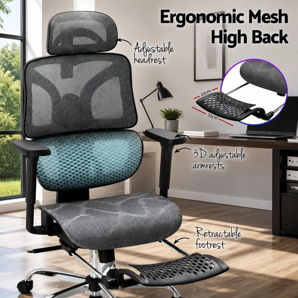 Ergonomic Office Chair High Back Mesh Adjustable Headrest Grey Swivel Footrest