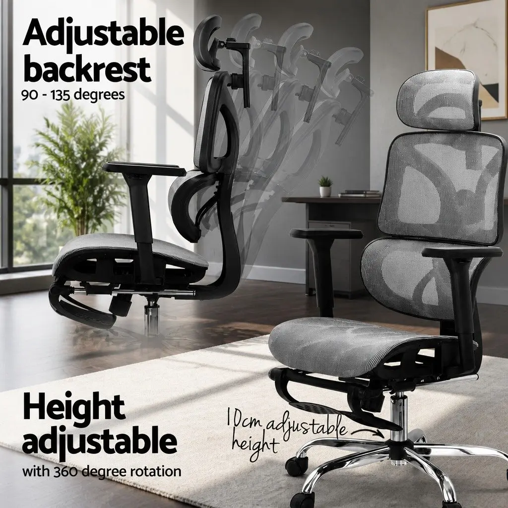 Ergonomic Office Chair High Back Mesh Adjustable Headrest Grey Swivel Footrest