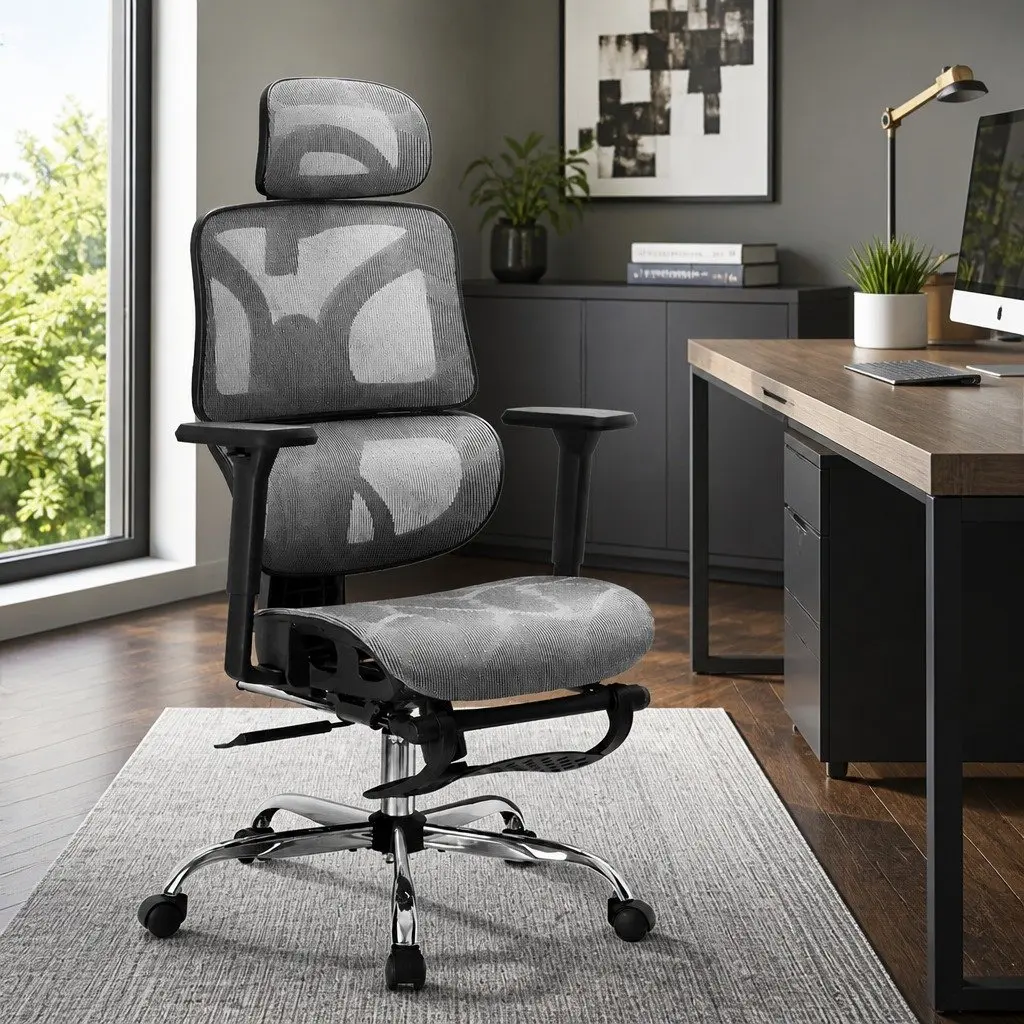 Ergonomic Office Chair High Back Mesh Adjustable Headrest Grey Swivel Footrest