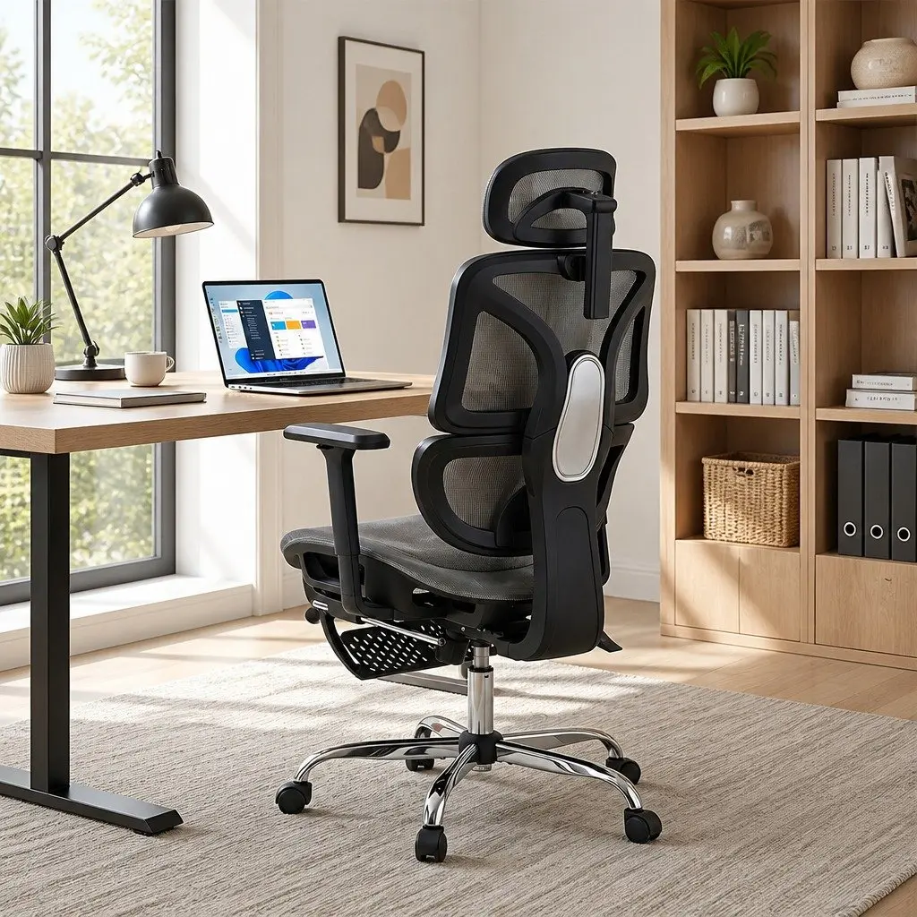 Ergonomic Office Chair High Back Mesh Adjustable Headrest Grey Swivel Footrest