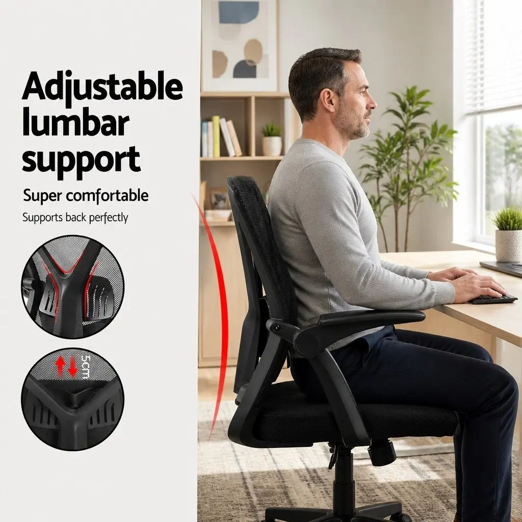 Mesh Office Chair Mid Back Black Adjustable Lumbar Support Ergonomic 66cm W x 66cm D x 86-96cm H