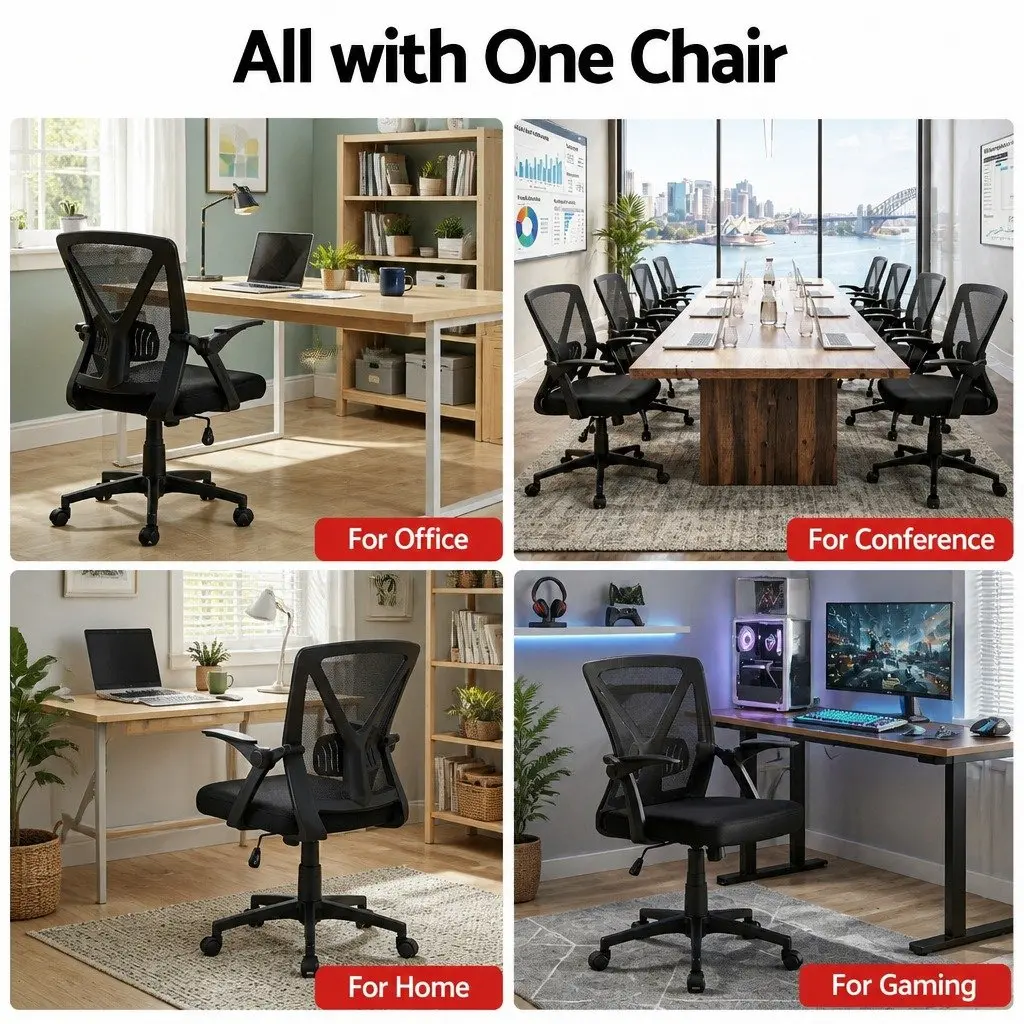 Mesh Office Chair Mid Back Black Adjustable Lumbar Support Ergonomic 66cm W x 66cm D x 86-96cm H