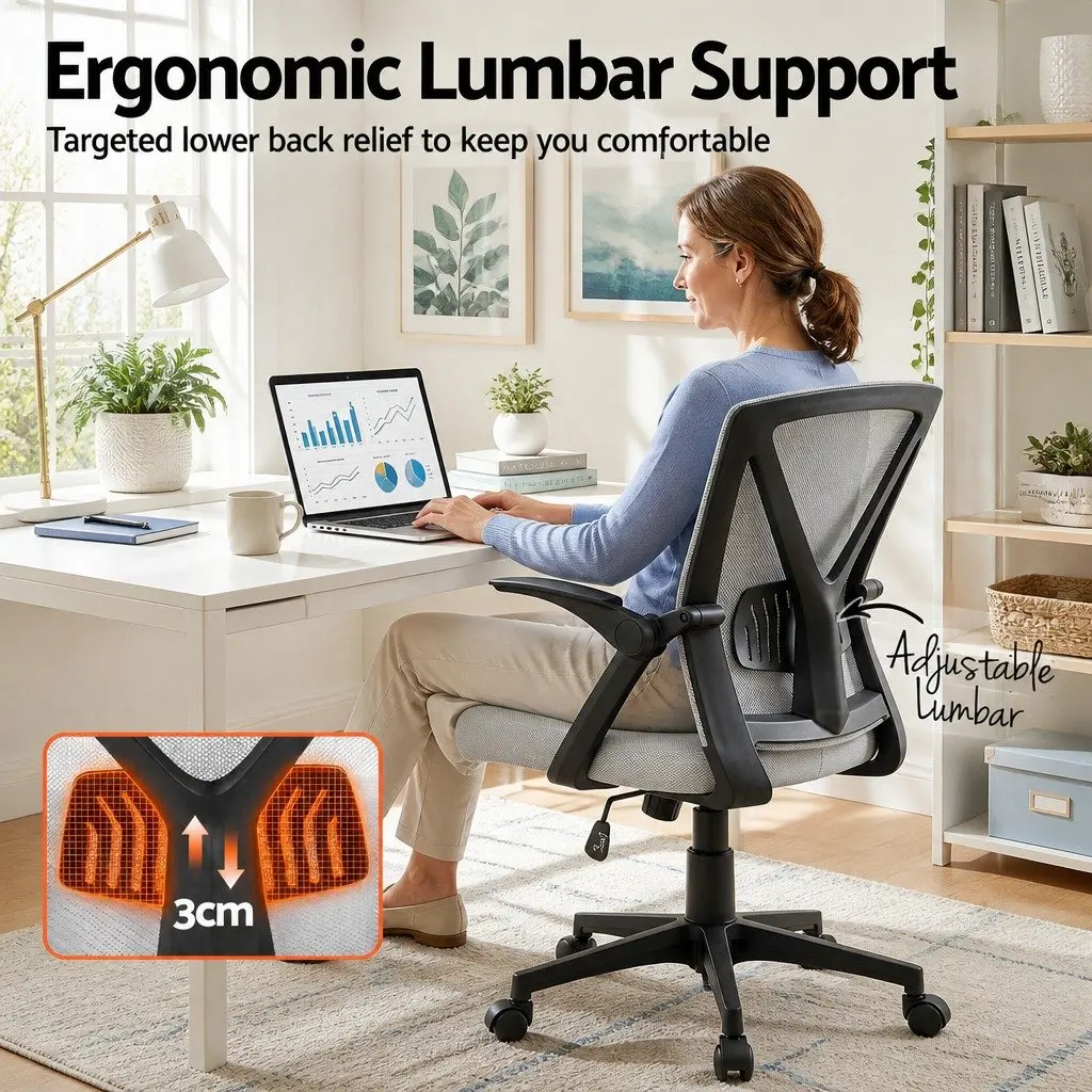Mesh Office Chair Ergonomic Mid Back Grey Adjustable Lumbar Support