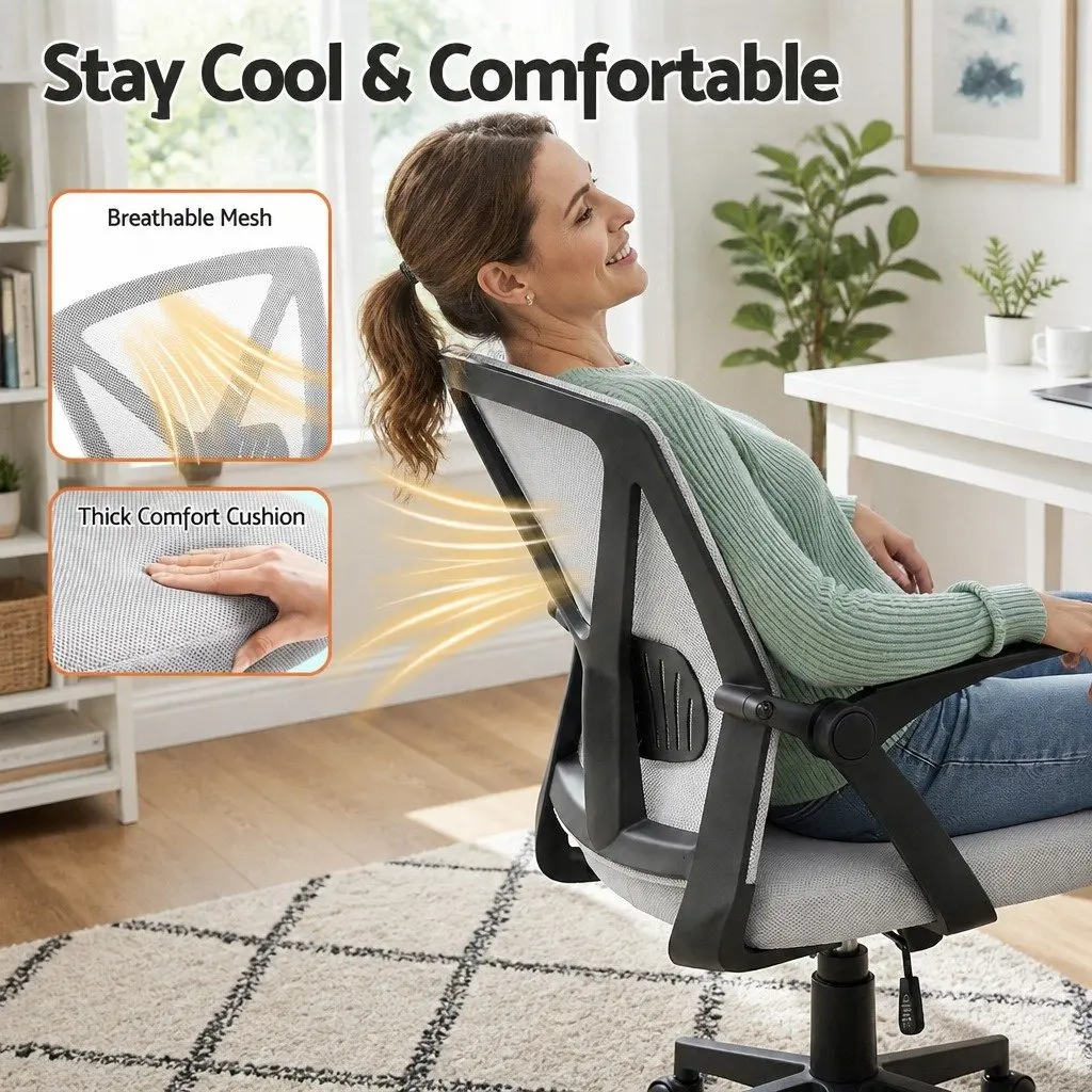 Mesh Office Chair Ergonomic Mid Back Grey Adjustable Lumbar Support