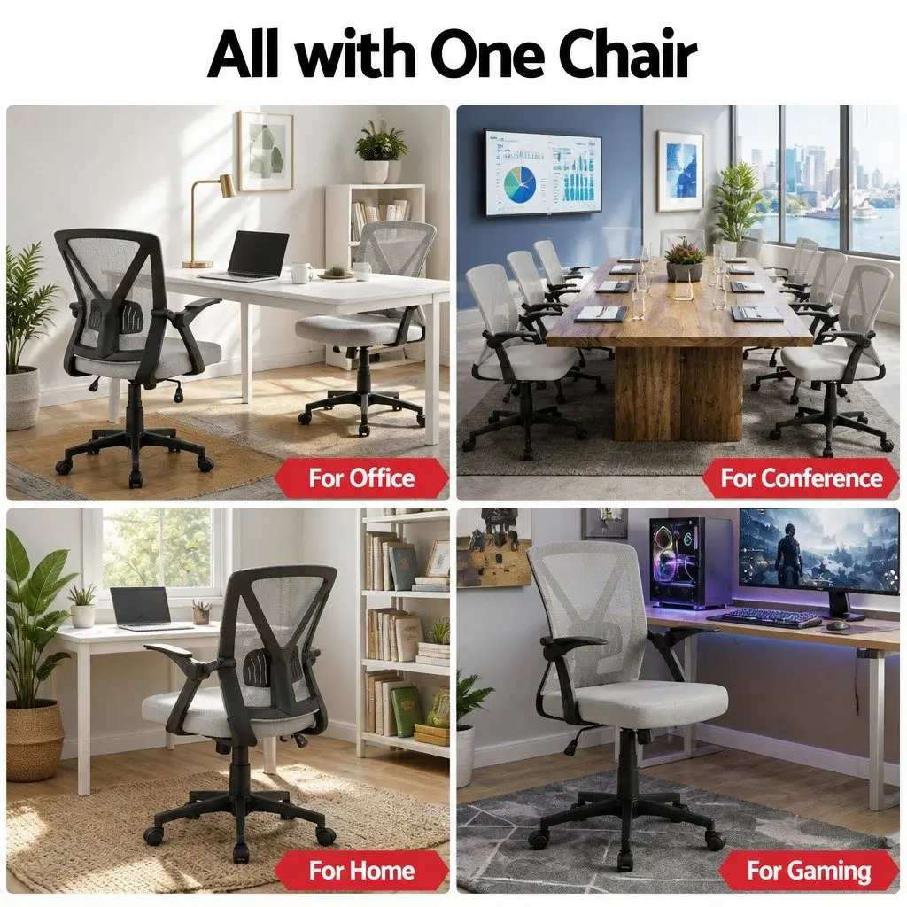 Mesh Office Chair Ergonomic Mid Back Grey Adjustable Lumbar Support