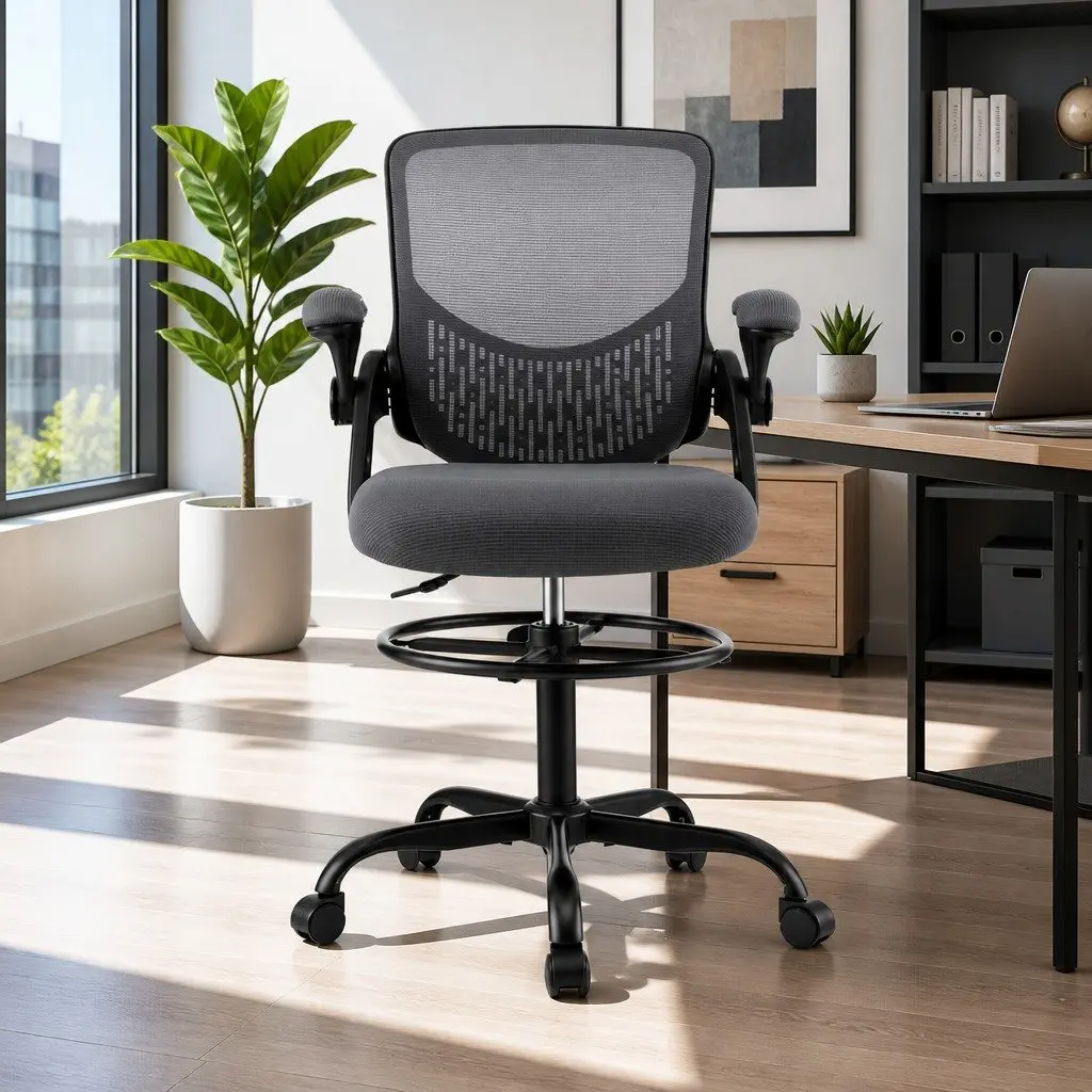 Office Drafting Chair Mesh Adjustable Height with Footrest Grey