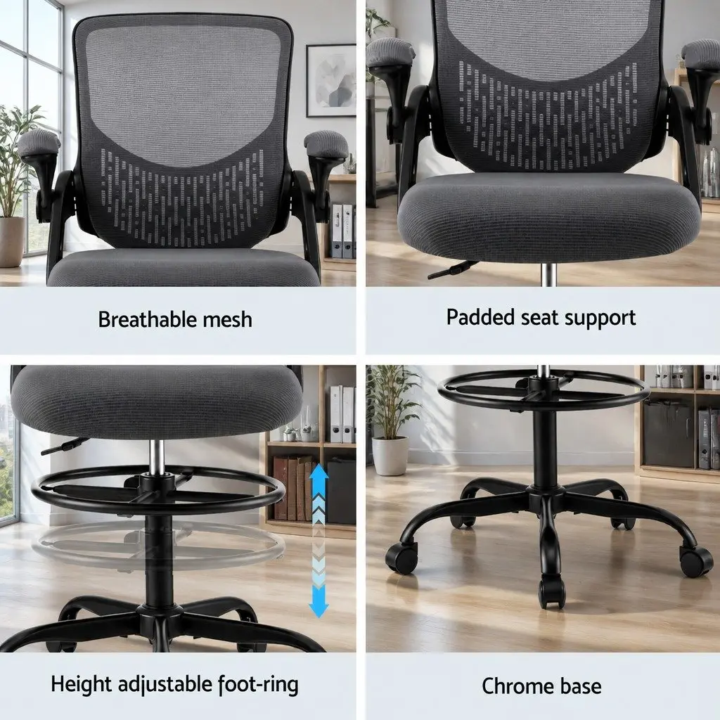 Office Drafting Chair Mesh Adjustable Height with Footrest Grey