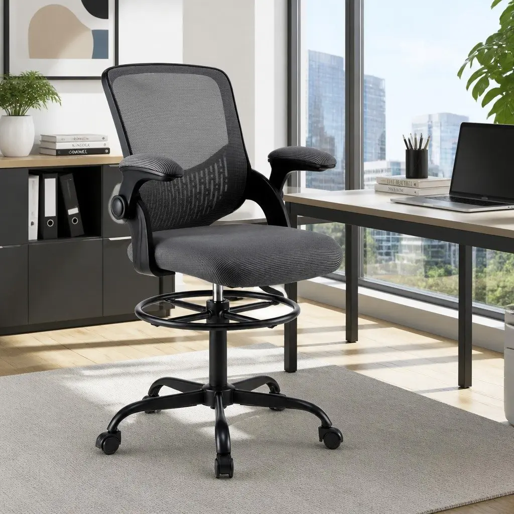 Office Drafting Chair Mesh Adjustable Height with Footrest Grey