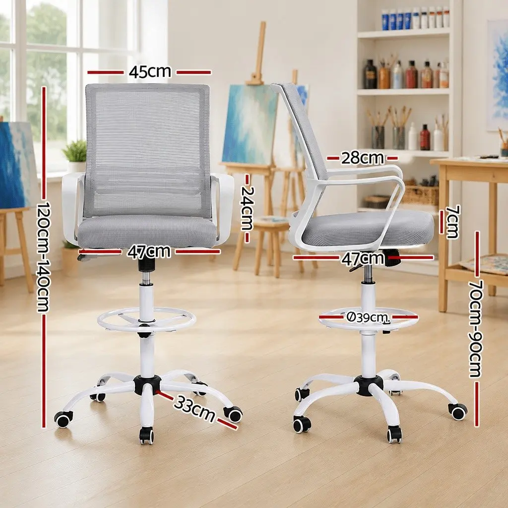 Height Adjustable Drafting Stool White Mesh Office Chair with Contoured Back and Chrome Base
