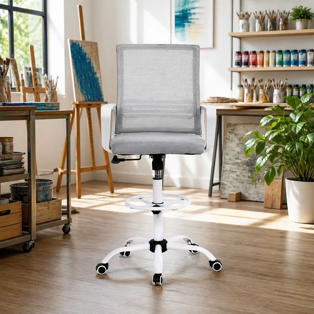 Height Adjustable Drafting Stool White Mesh Office Chair with Contoured Back and Chrome Base