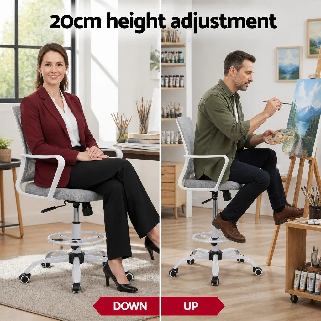 Height Adjustable Drafting Stool White Mesh Office Chair with Contoured Back and Chrome Base