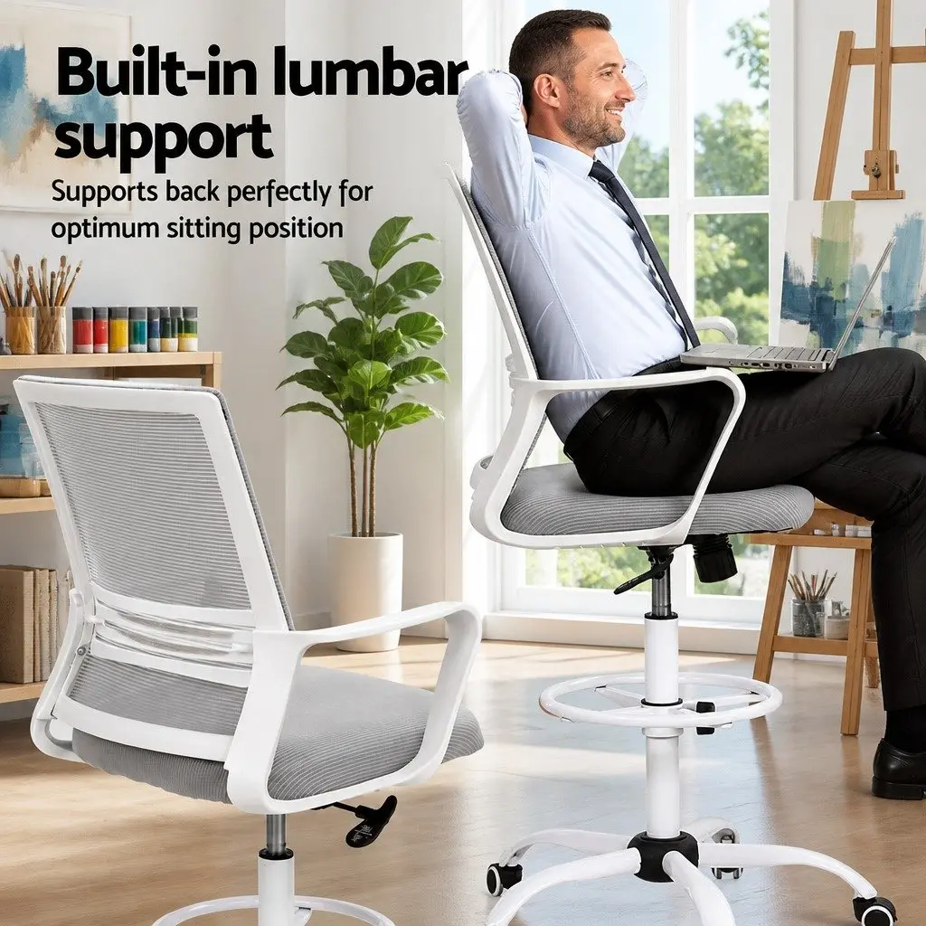 Height Adjustable Drafting Stool White Mesh Office Chair with Contoured Back and Chrome Base