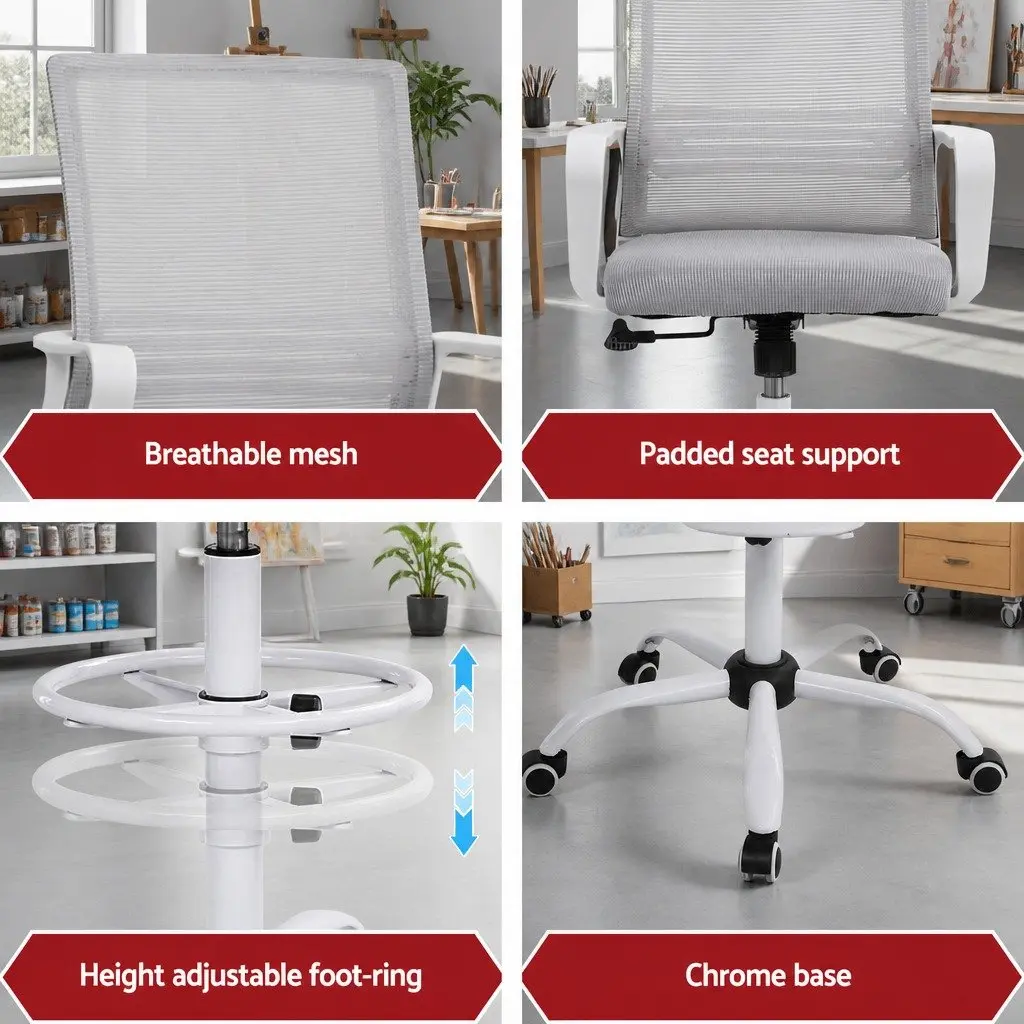 Height Adjustable Drafting Stool White Mesh Office Chair with Contoured Back and Chrome Base