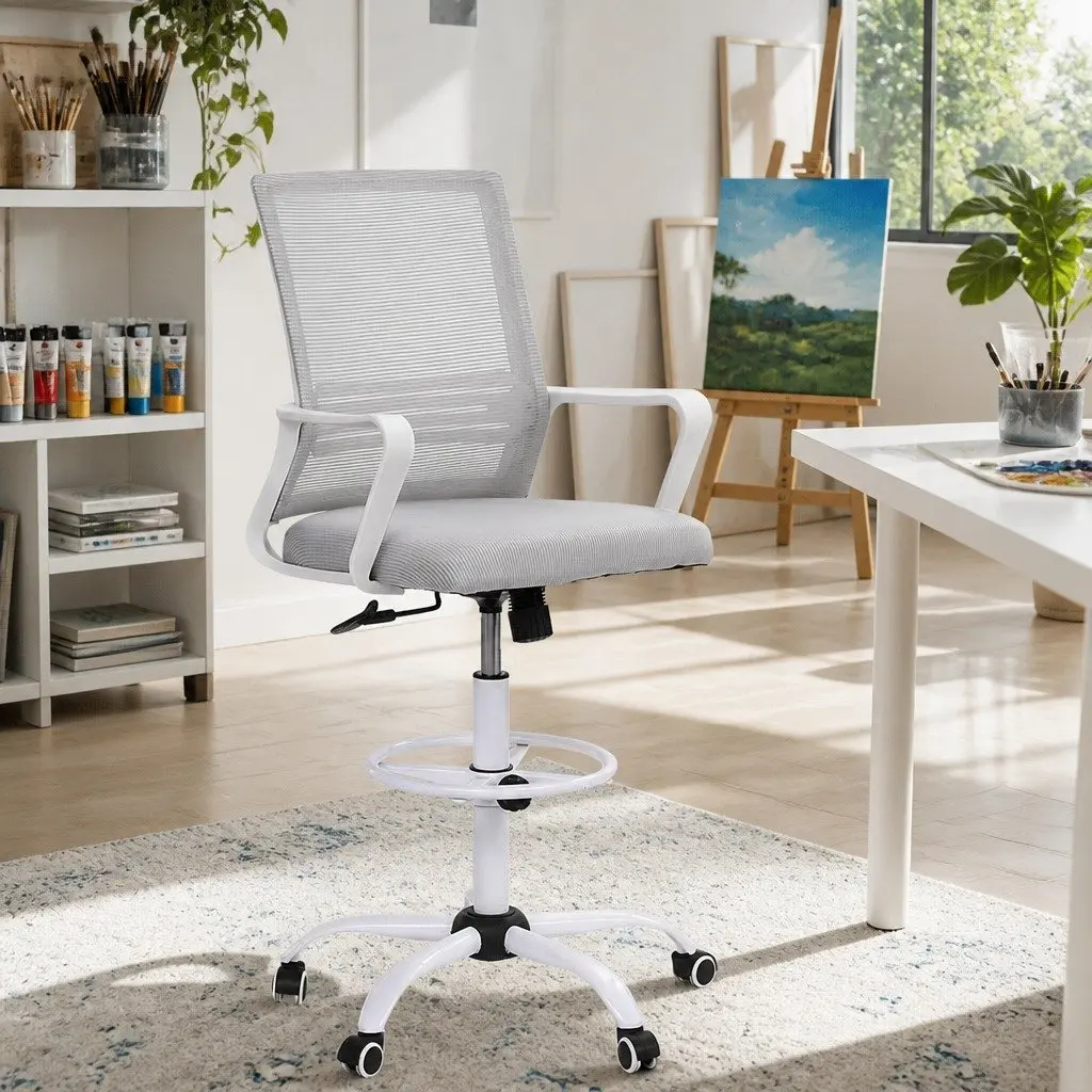 Height Adjustable Drafting Stool White Mesh Office Chair with Contoured Back and Chrome Base