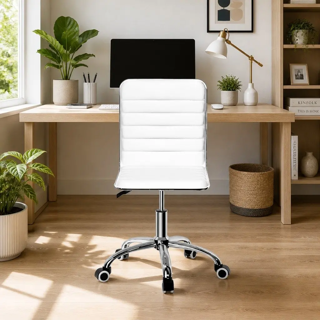 Office Chair Conference Seating PU Leather Low Back Rotatable White Desk
