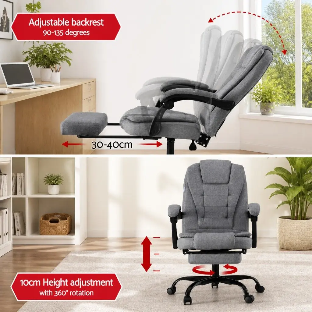 Executive Office Chair Grey Fabric High Back Racing Computer Desk Footrest