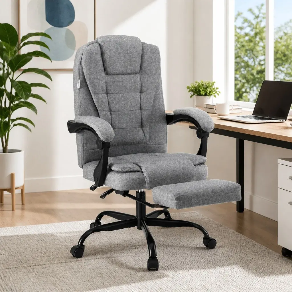 Executive Office Chair Grey Fabric High Back Racing Computer Desk Footrest
