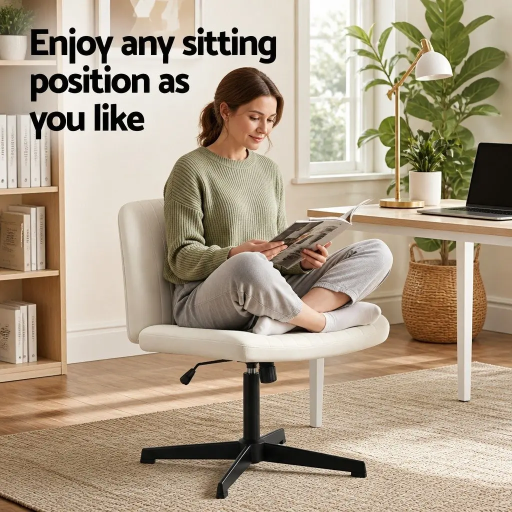 Criss Cross Office Chair Armless Swivel Beige Fabric U-Shaped Seat