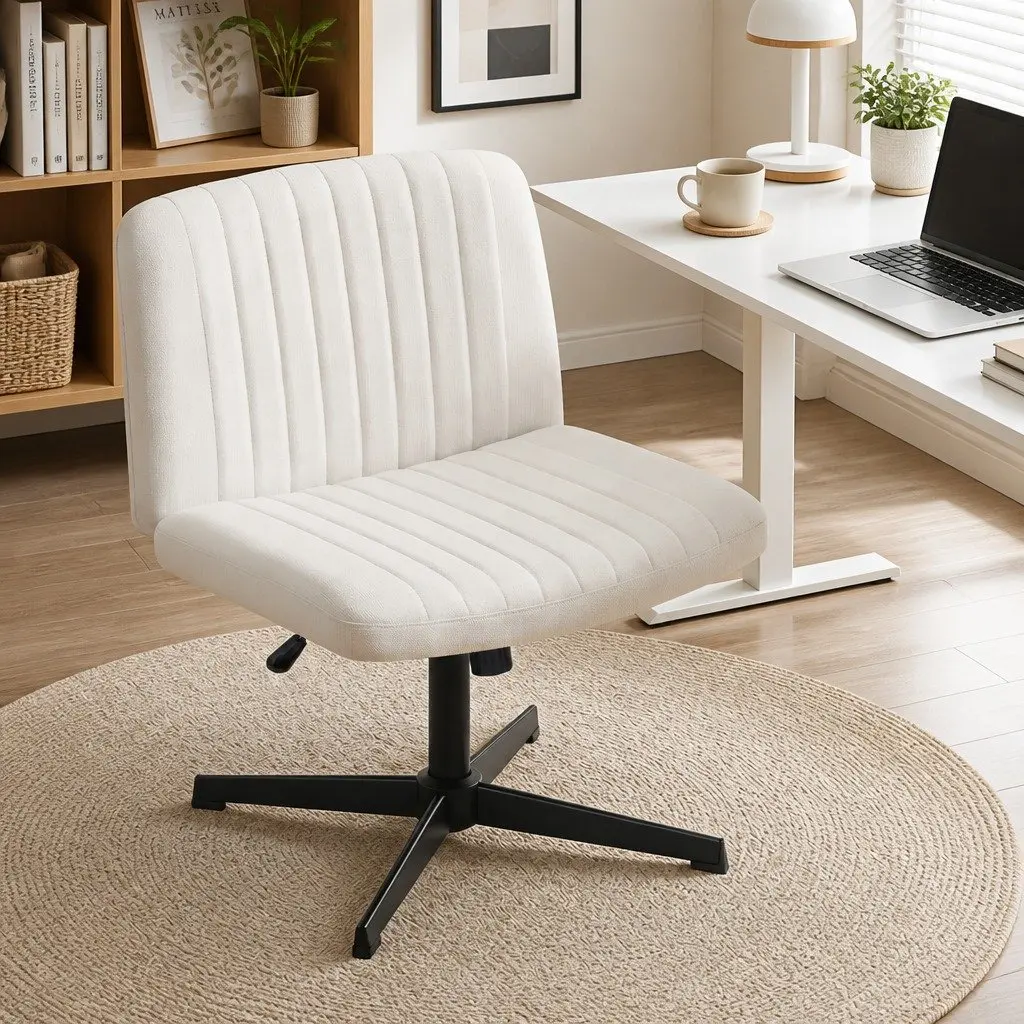 Criss Cross Office Chair Armless Swivel Beige Fabric U-Shaped Seat