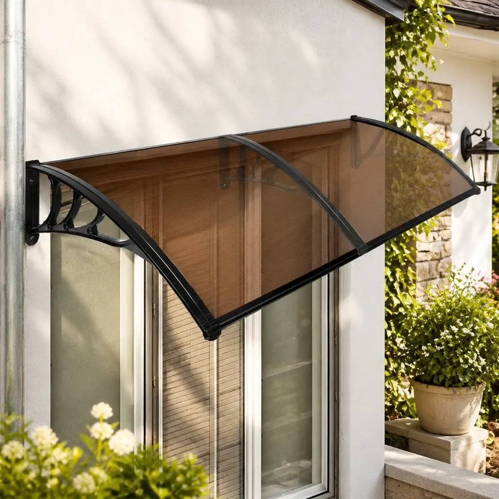 Window Door Awning Outdoor Shade 1M x 2.4M Brown PC Panel UV Rain Protection