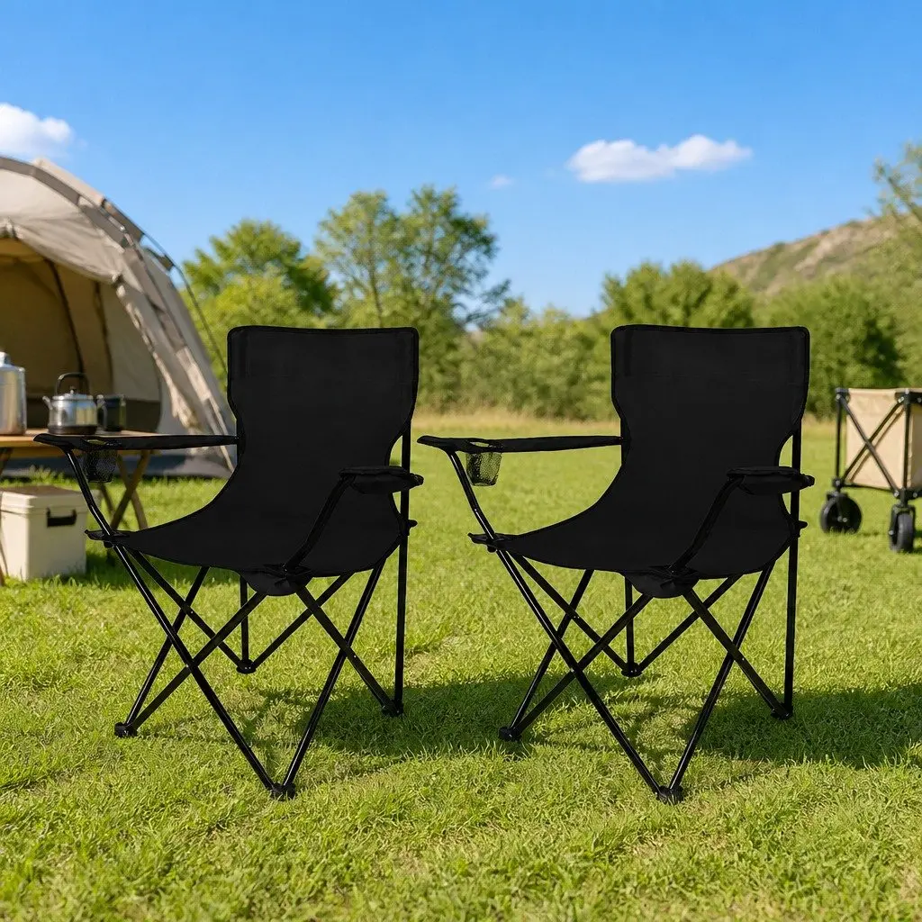 Folding Camping Chairs Portable Outdoor Armchair with Drink Holder Black Pack