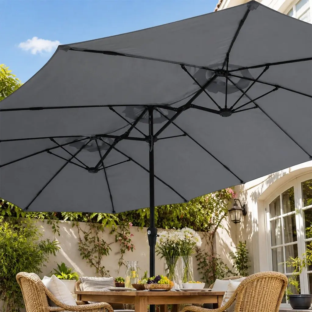 Double-Sided Patio Umbrella 4.5M Outdoor Garden Shade with Stand Base Grey
