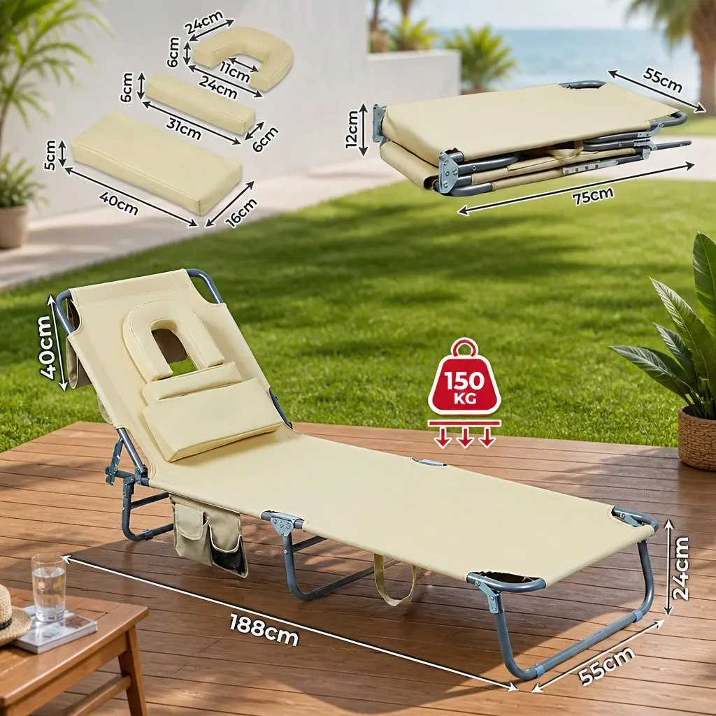Foldable Beach Lounge Chair with Face Hole Adjustable Backrest Khaki