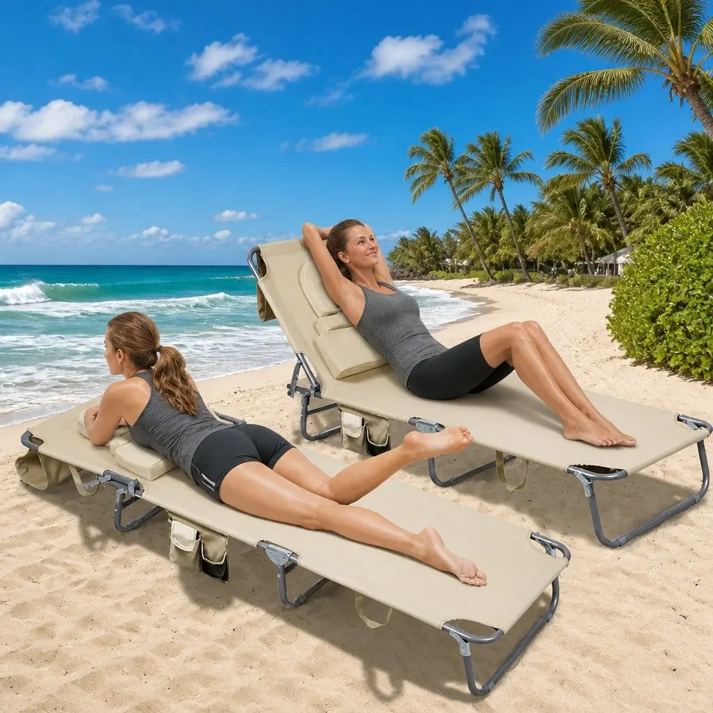 Foldable Beach Lounge Chair with Face Hole Adjustable Backrest Khaki