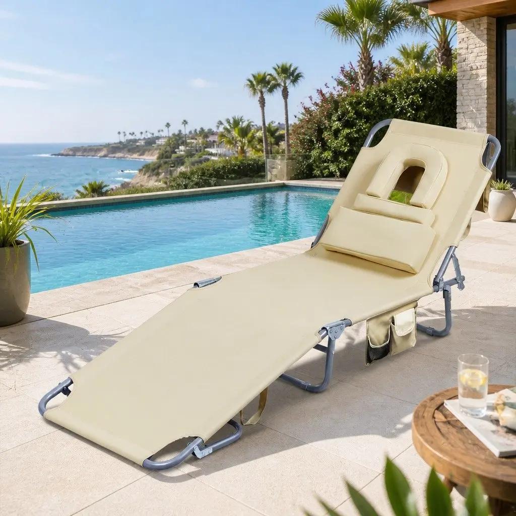 Foldable Beach Lounge Chair with Face Hole Adjustable Backrest Khaki