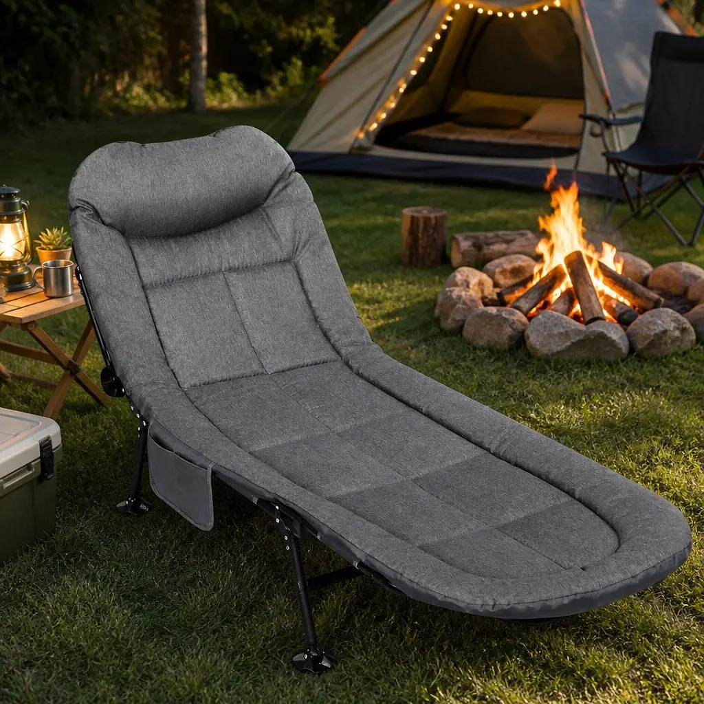 Portable Outdoor Bed Folding Cot with Adjustable Backrest Dark Grey 6 Positions