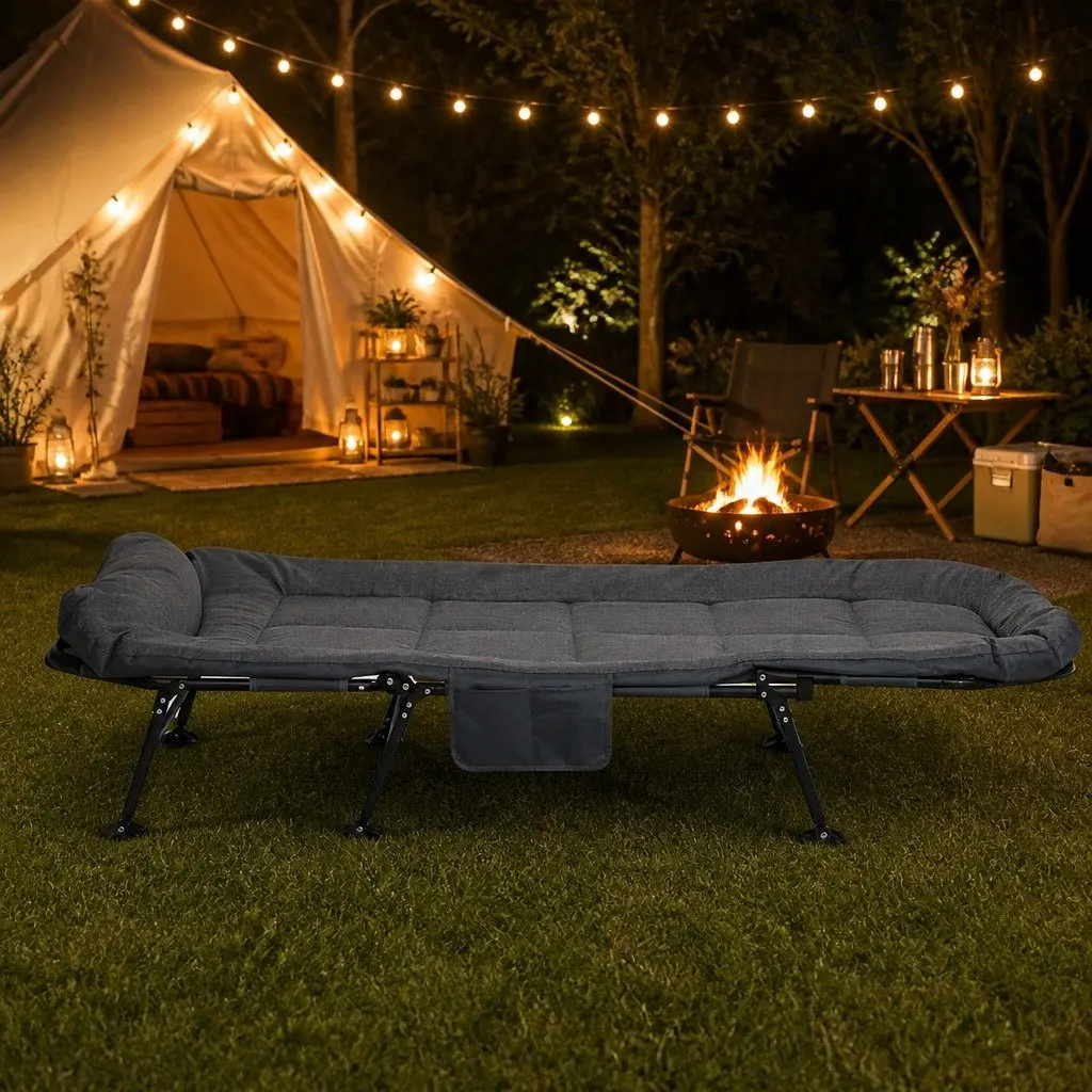 Portable Outdoor Bed Folding Cot with Adjustable Backrest Dark Grey 6 Positions
