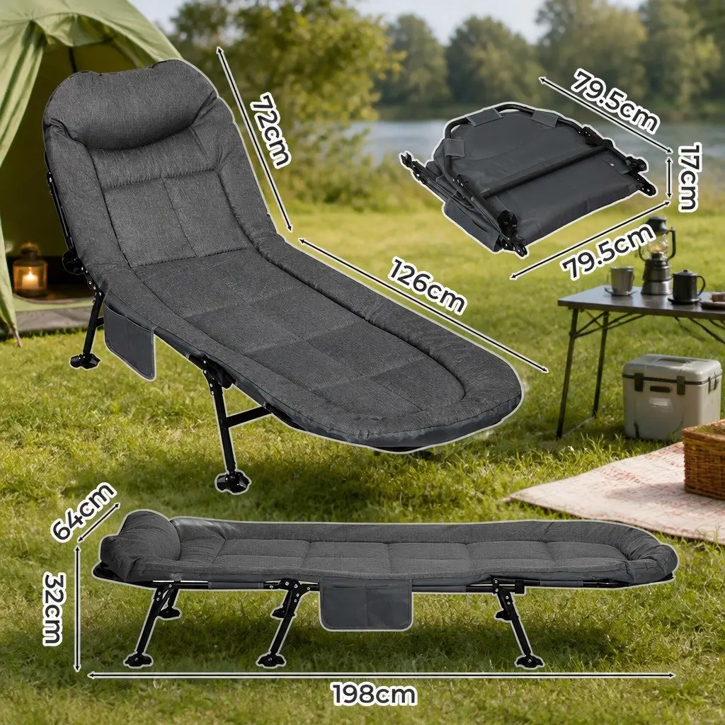 Portable Outdoor Bed Folding Cot with Adjustable Backrest Dark Grey 6 Positions