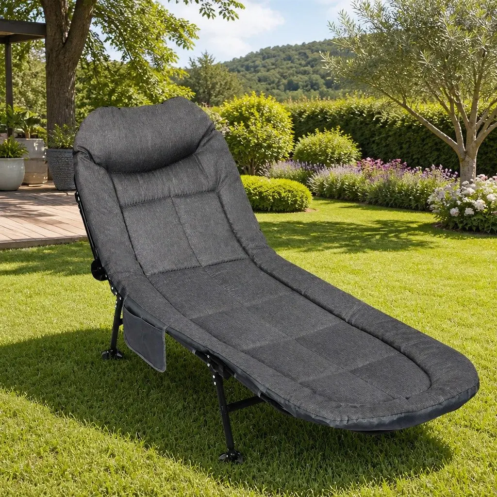Portable Outdoor Bed Folding Cot with Adjustable Backrest Dark Grey 6 Positions
