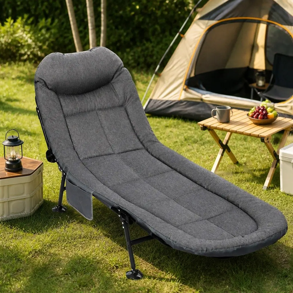 Portable Outdoor Bed Folding Cot with Adjustable Backrest Dark Grey 6 Positions