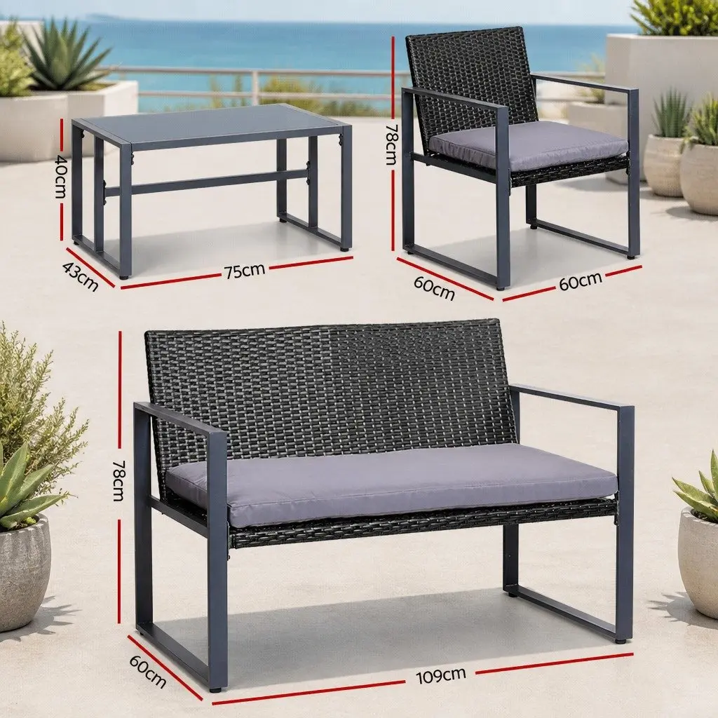 Outdoor Rattan Sofa Set Cushioned Chairs Glass Table Black 4 Piece